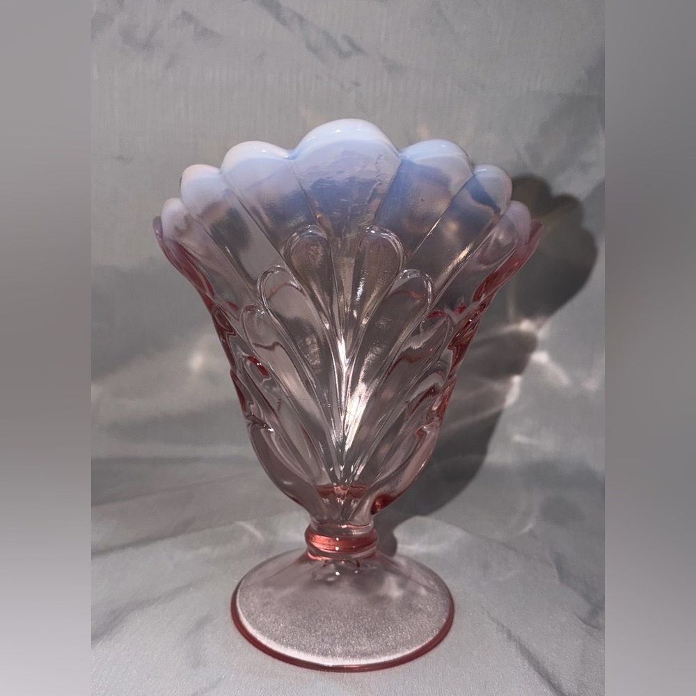 Pink Opalescent Glass Vase, Decorative, Scalloped Rim, Pedestal Base, 6.5" Tall - Picture 3 of 13